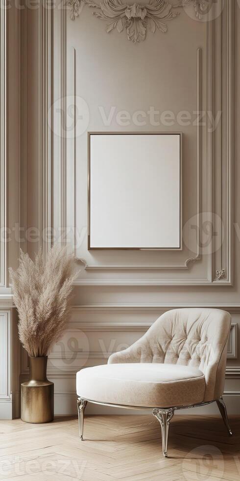 Elegant living room with neutral tones, stylish chair and decorative plant photo
