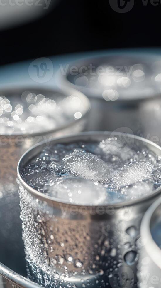 Refreshing cold drinks served in metal cups with ice on a sunny day photo