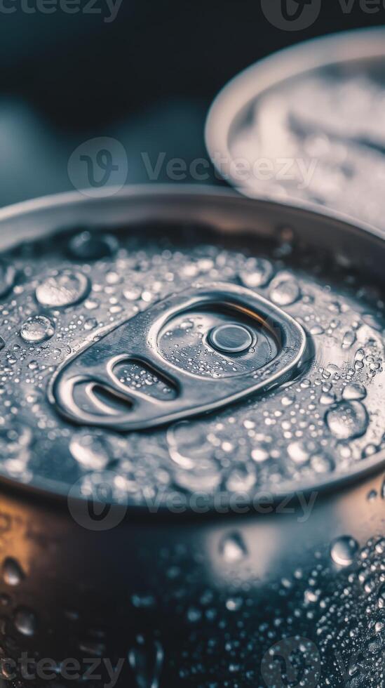 Close-up of beverage cans covered in droplets in ambient light photo