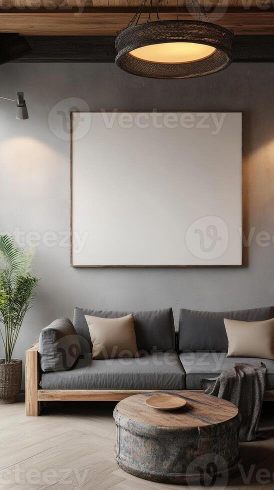 Contemporary living room with empty canvas and cozy decor elements photo