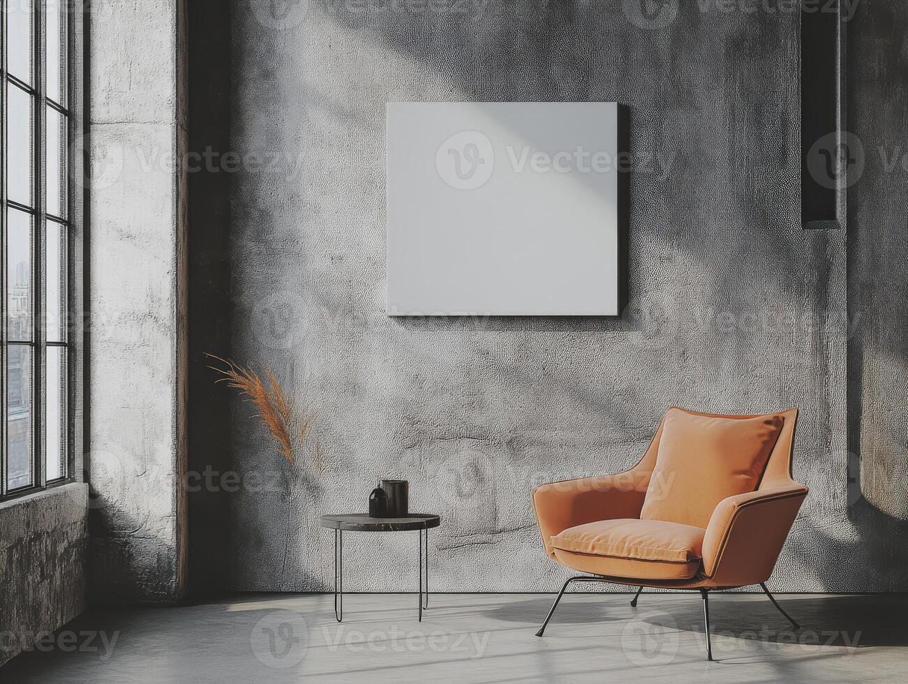 Cozy living room with modern decor, concrete walls and an orange chair photo