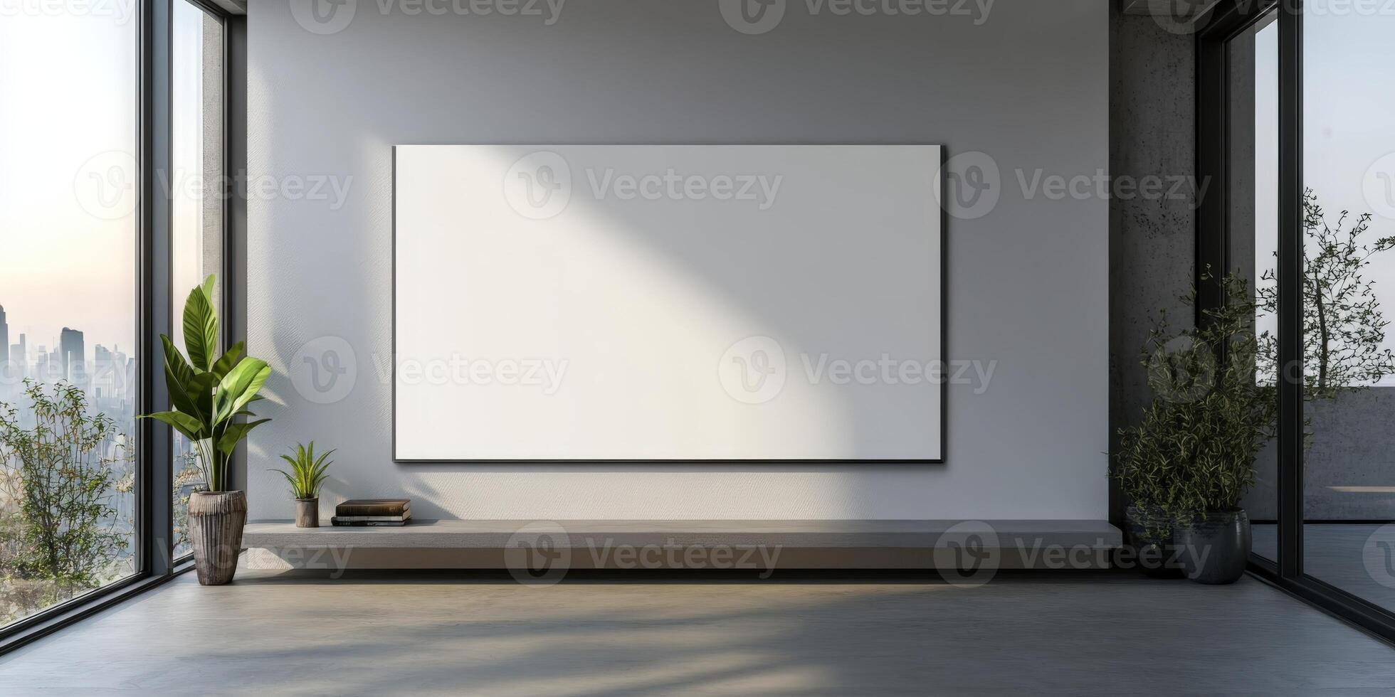 Modern living room with an empty canvas on display in bright lighting photo
