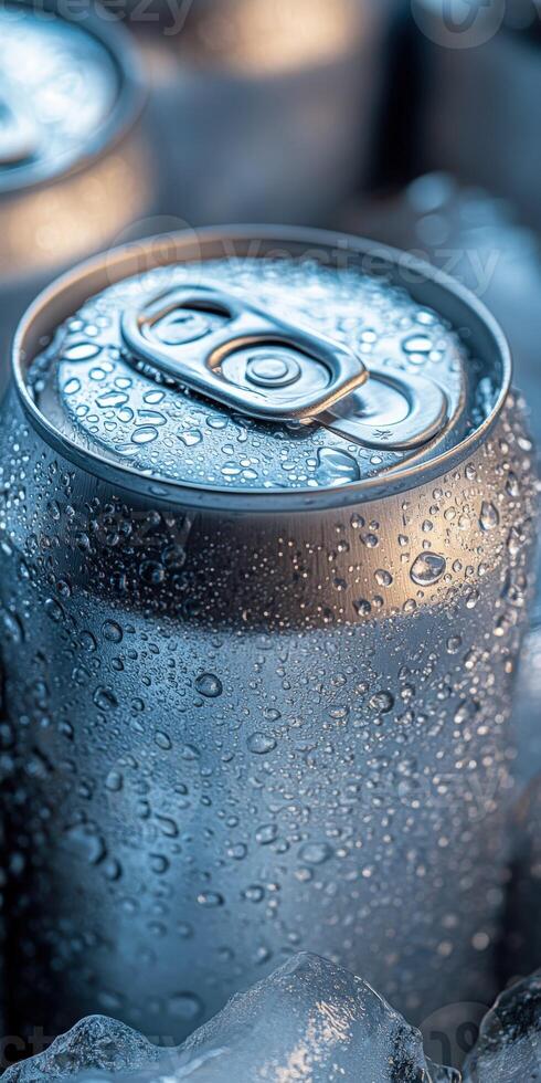 Cold beverage cans resting on ice captured in soft light photo