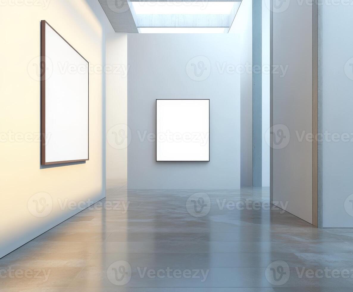 A bright, minimalist gallery showcases two empty frames on white walls photo