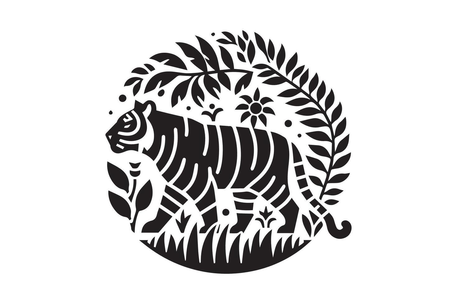 A tiger in the jungle with leaves and flowers vector