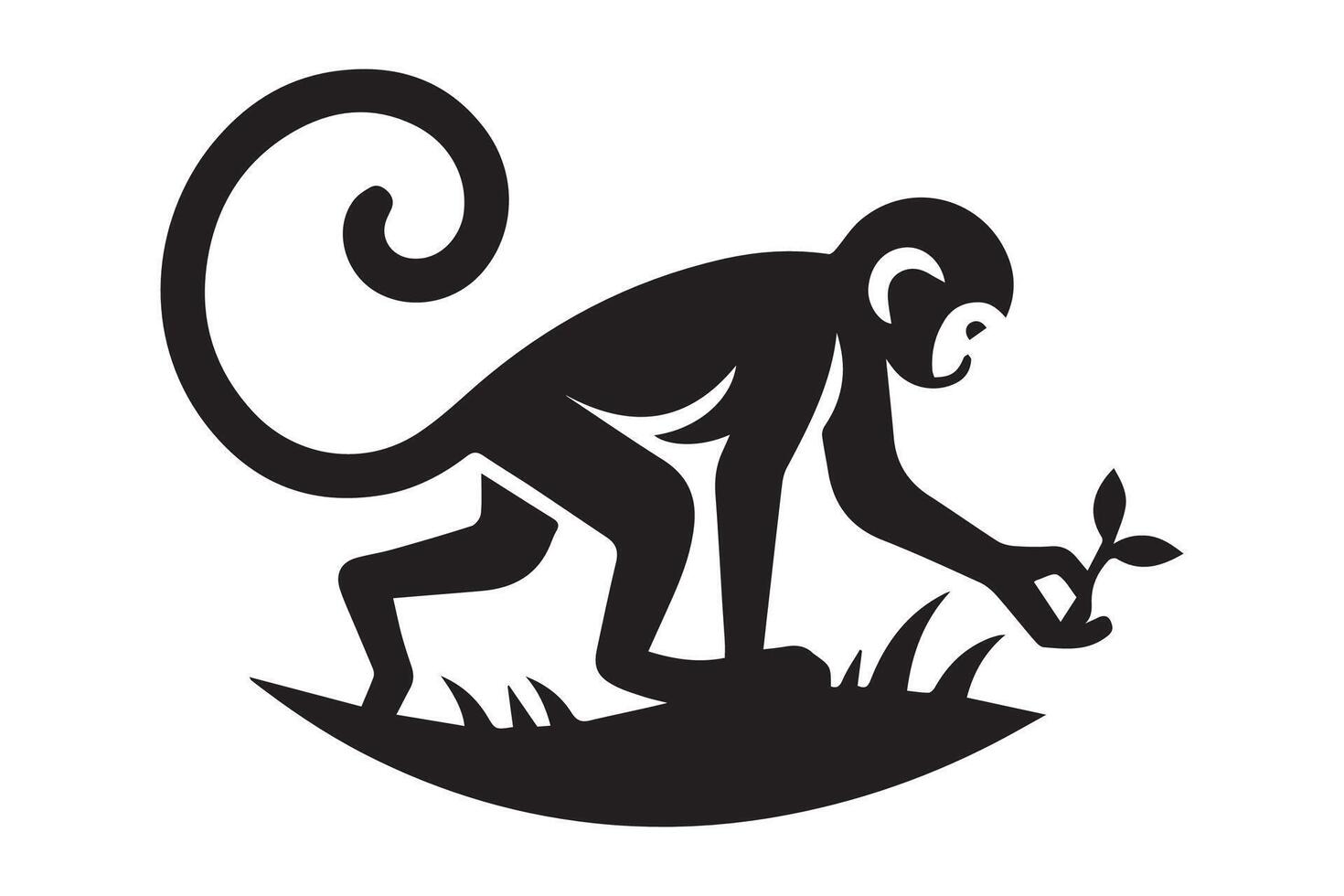 A black and white logo of a monkey holding a plant vector
