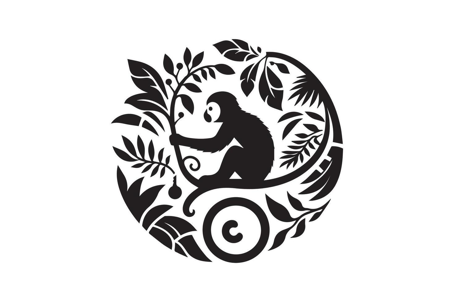 A black and white logo with a monkey in the center vector