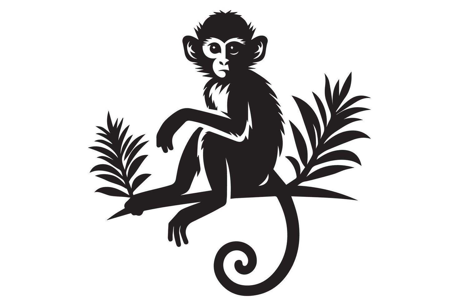 A black and white illustration of a monkey sitting on a branch vector