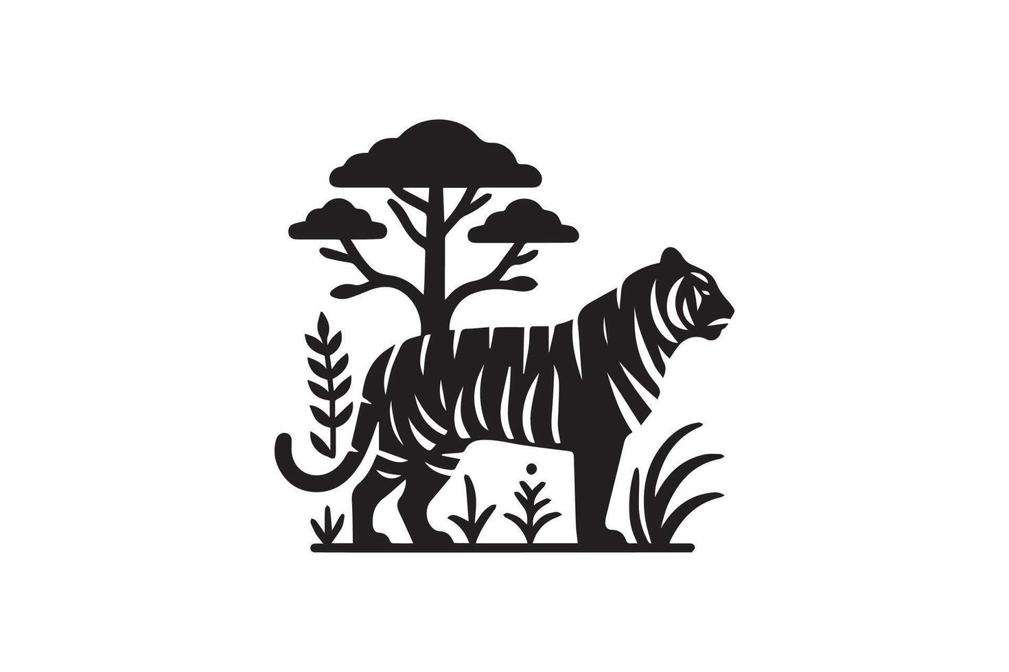 A black and white logo of a tiger in the jungle vector