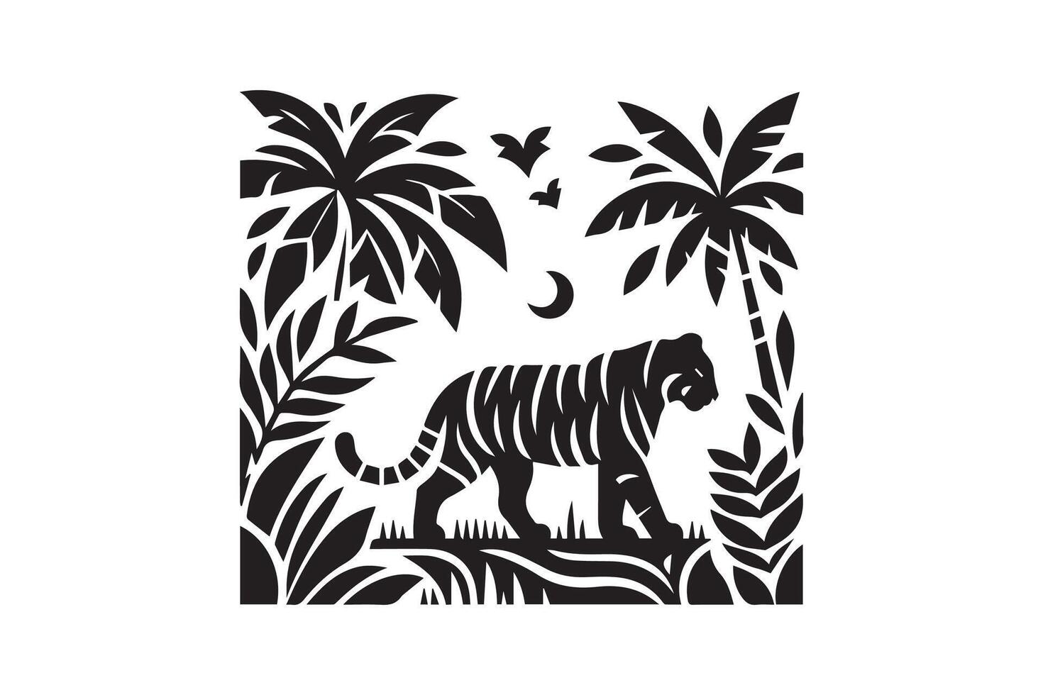 A black and white illustration of a tiger in the jungle vector