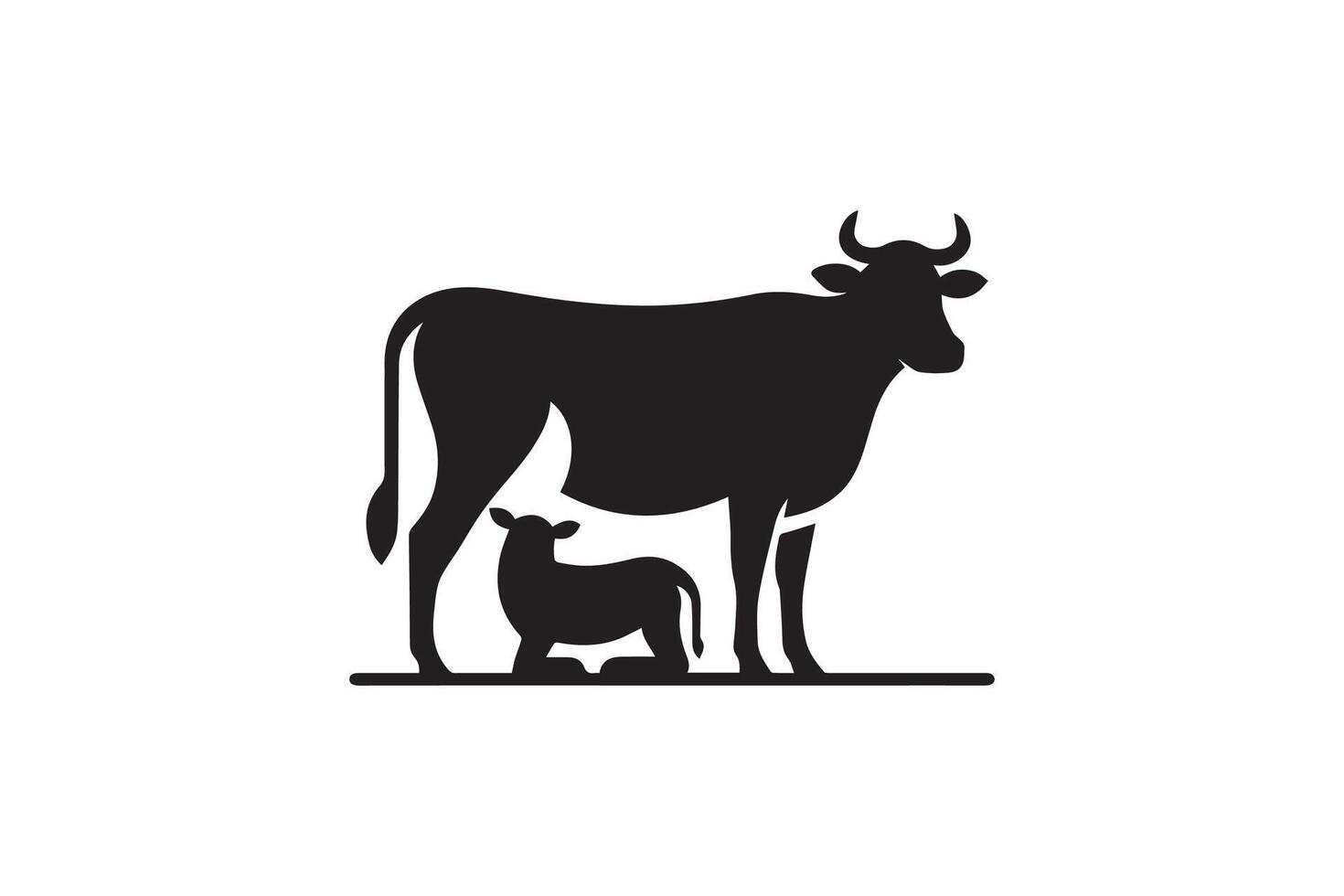 A cow and calf are shown in a black and white logo vector