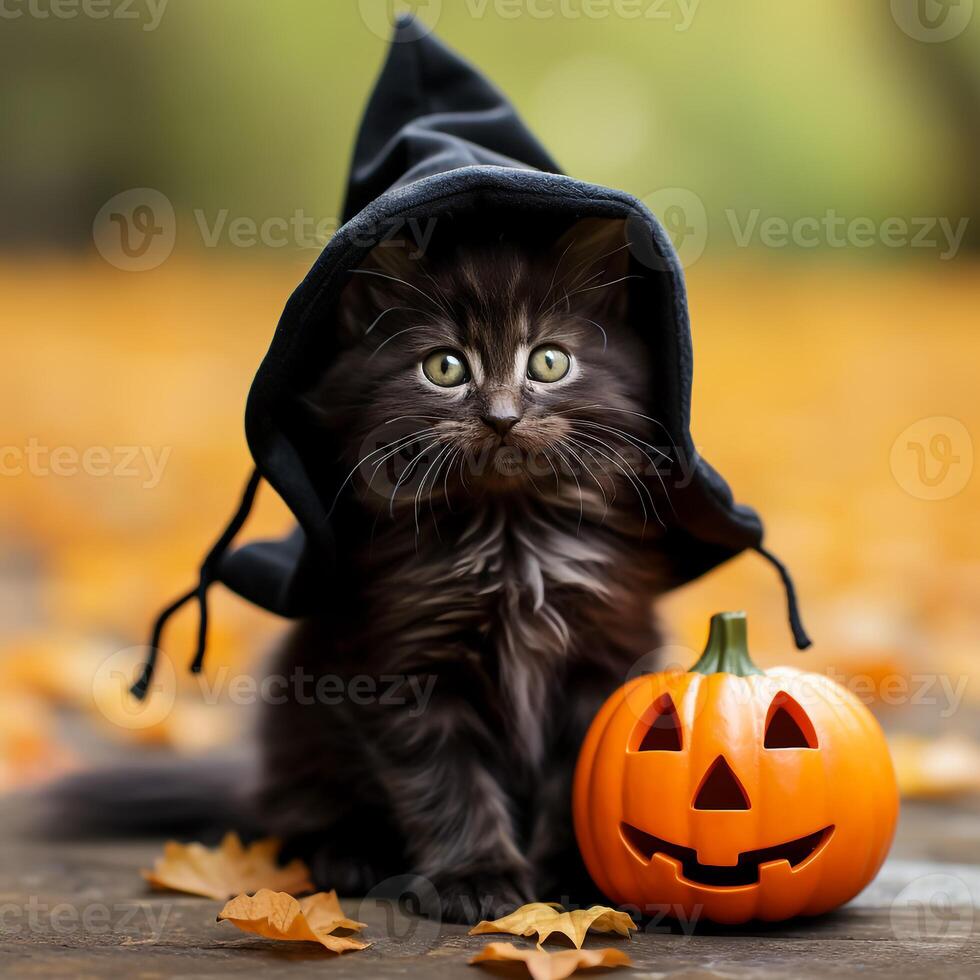 A black cat wearing a hooded cloak and holding a pumpkin photo