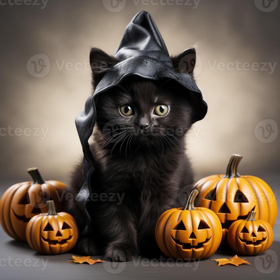 A black kitten wearing a witch hat surrounded by pumpkins photo