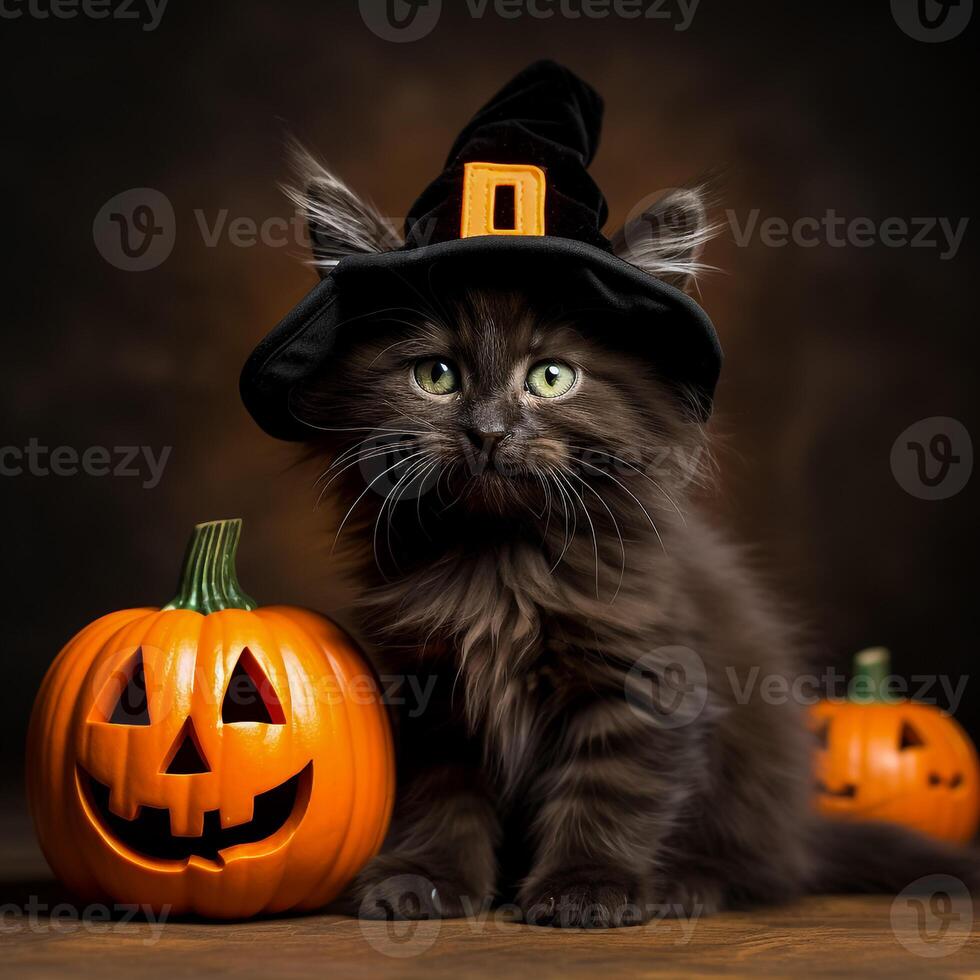 A cat wearing a witch hat and pumpkin photo