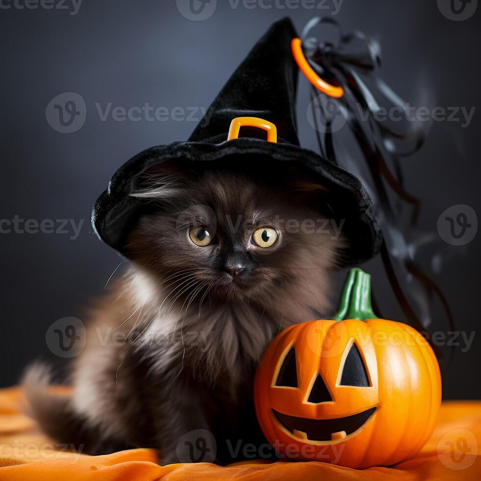 A cat wearing a witch hat and holding a pumpkin photo