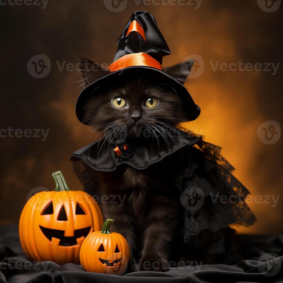 A black cat wearing a witch costume and holding a pumpkin photo