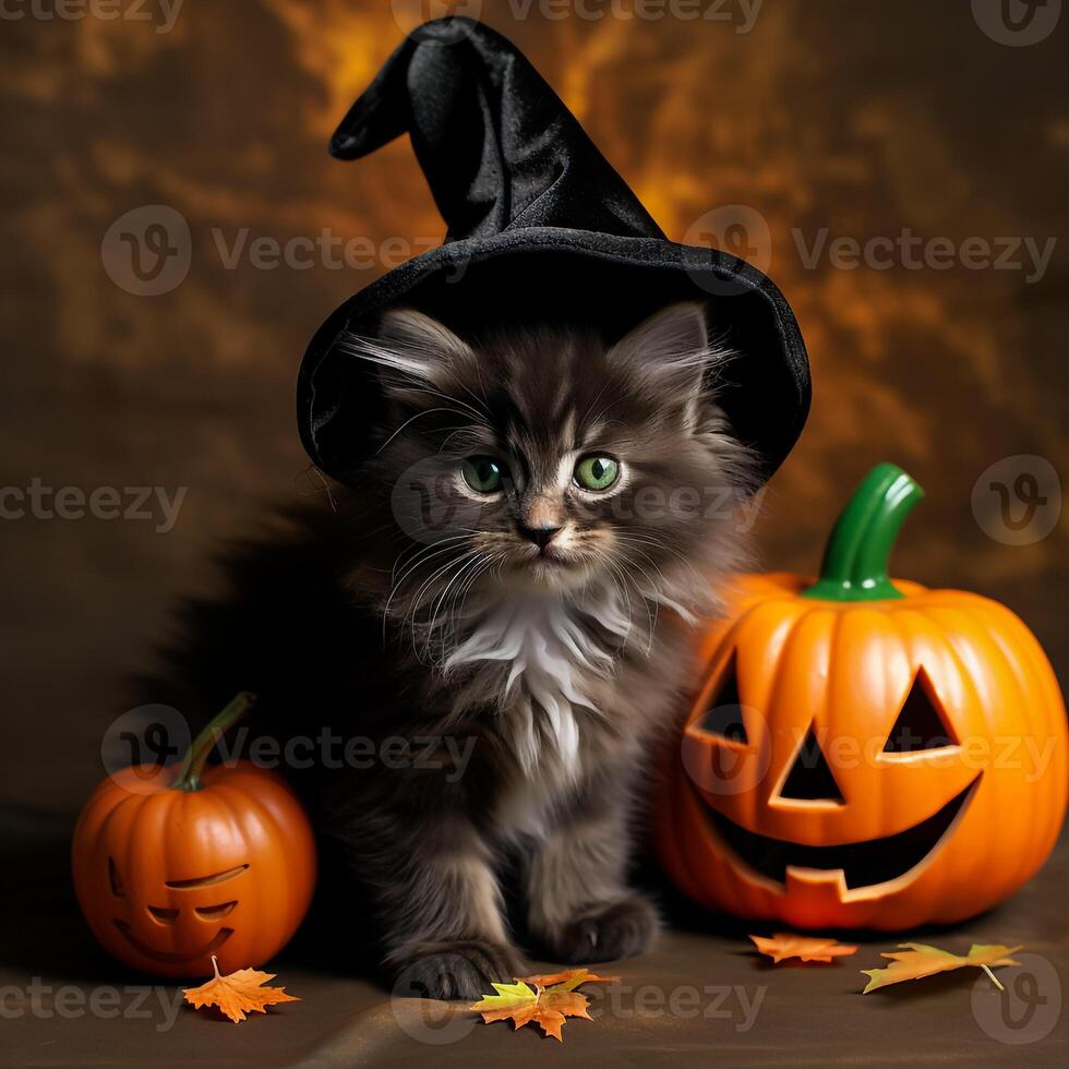 A cat wearing a witch hat and pumpkin photo
