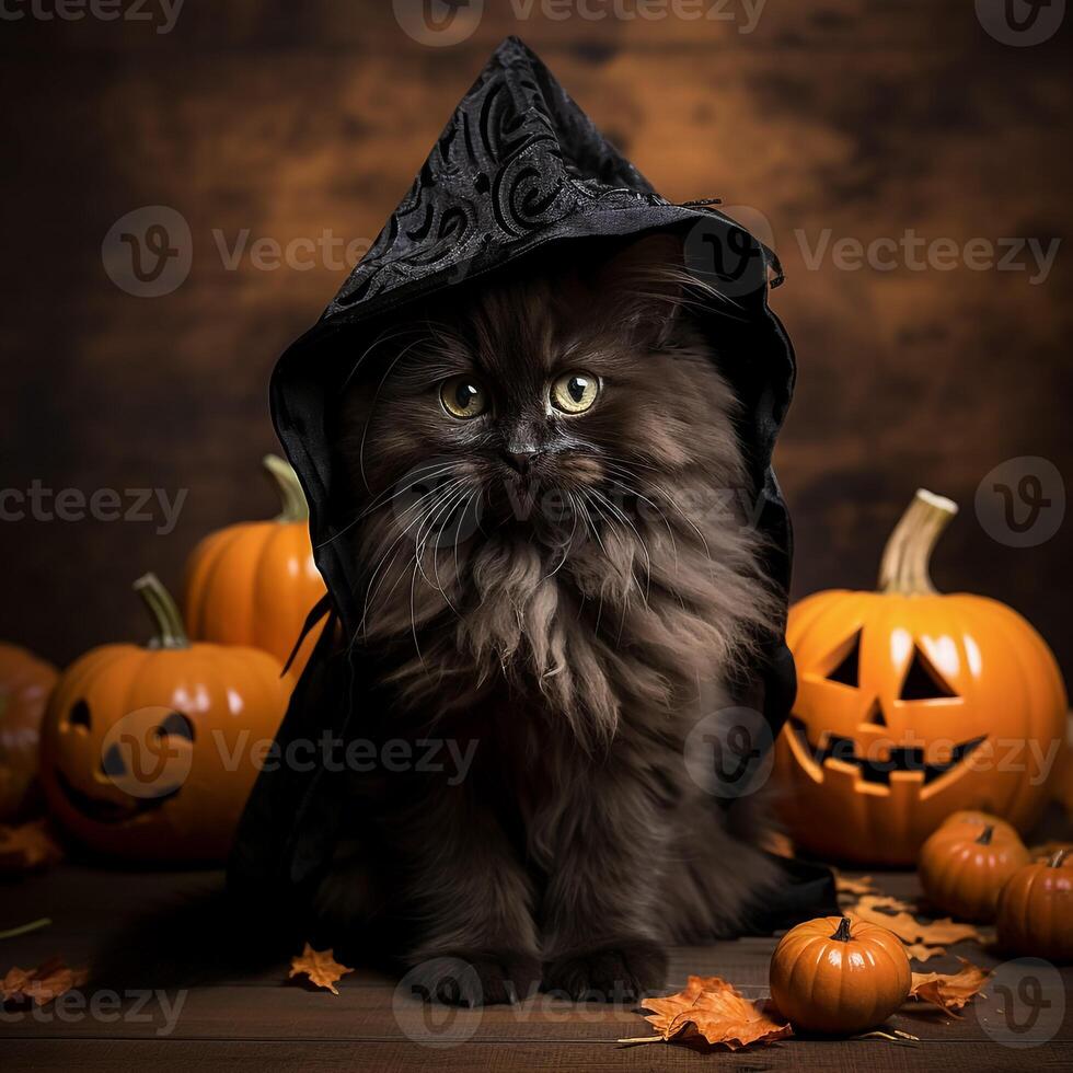 A cat in a black hooded robe sitting in front of pumpkins photo