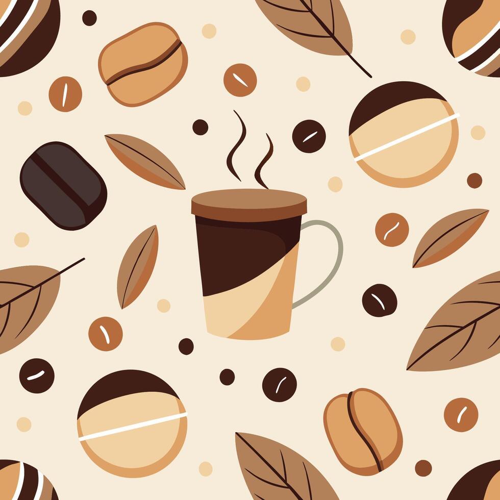 Coffee beans and leaves pattern with a cup of coffee vector