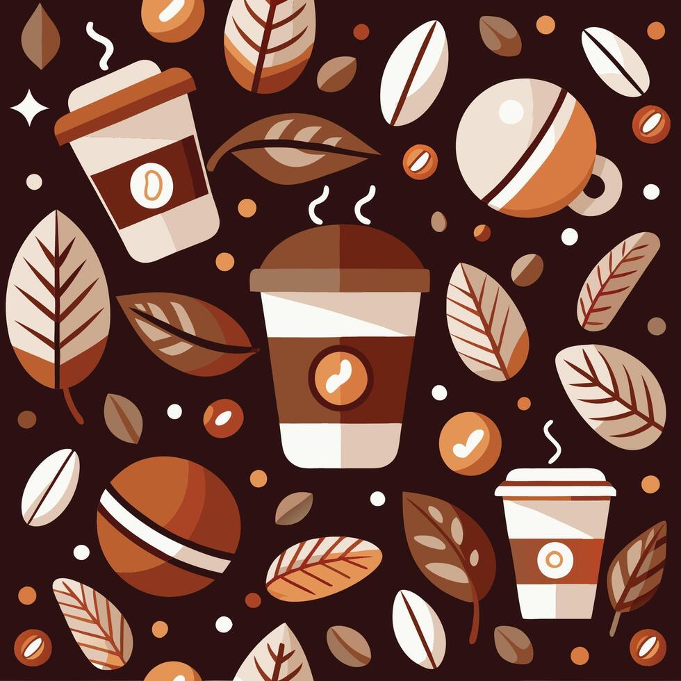 Coffee beans and leaves pattern with coffee cups and leaves vector