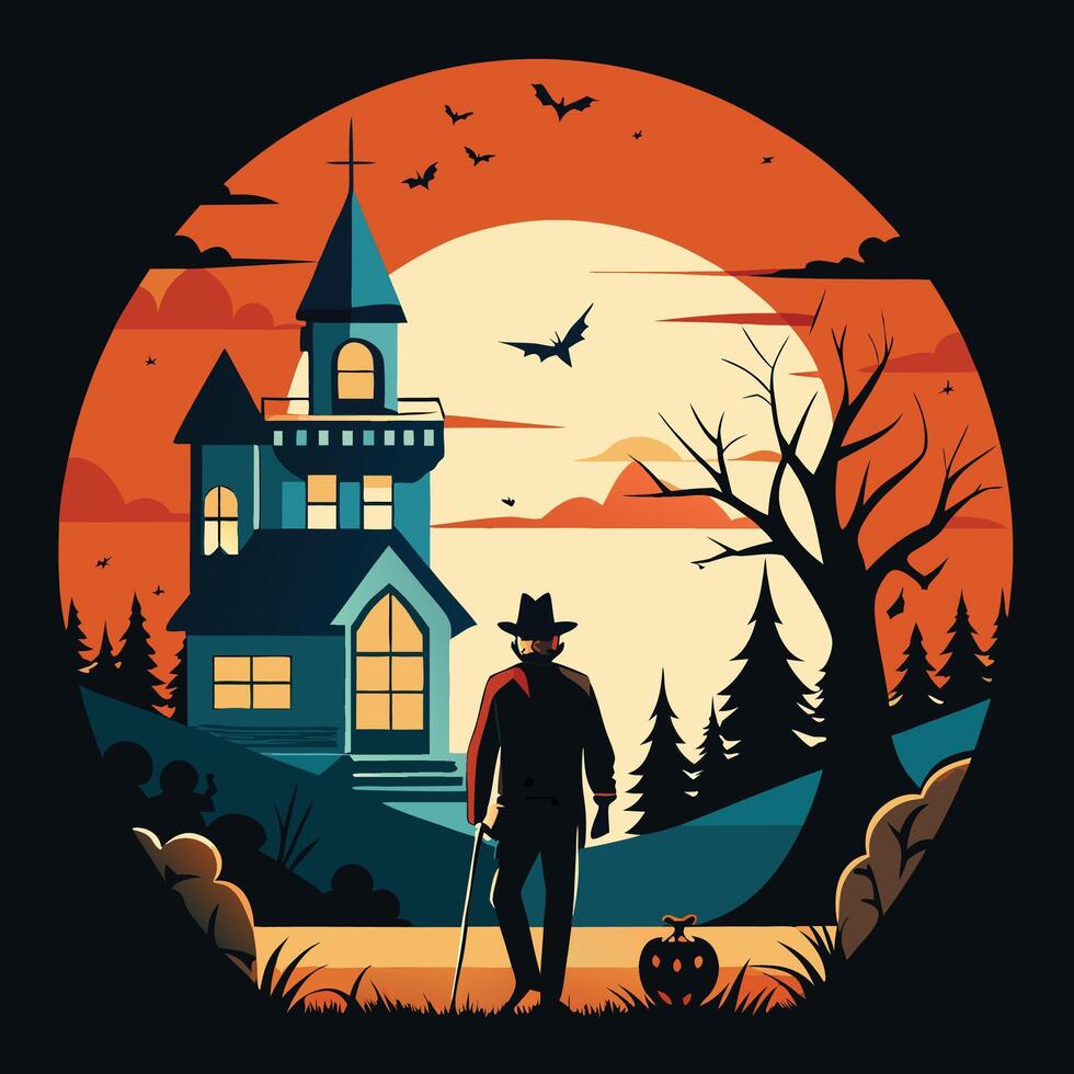 Halloween illustration with a man walking in front of a haunted house vector