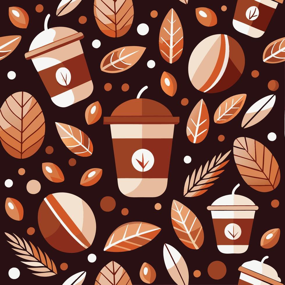 Coffee and leaves seamless pattern illustration vector