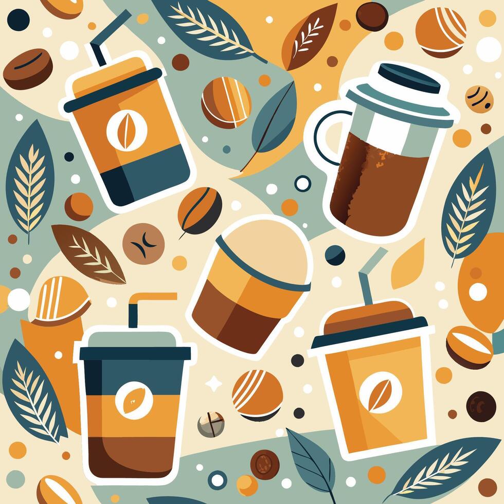 Coffee beans and coffee cups are shown in this pattern vector
