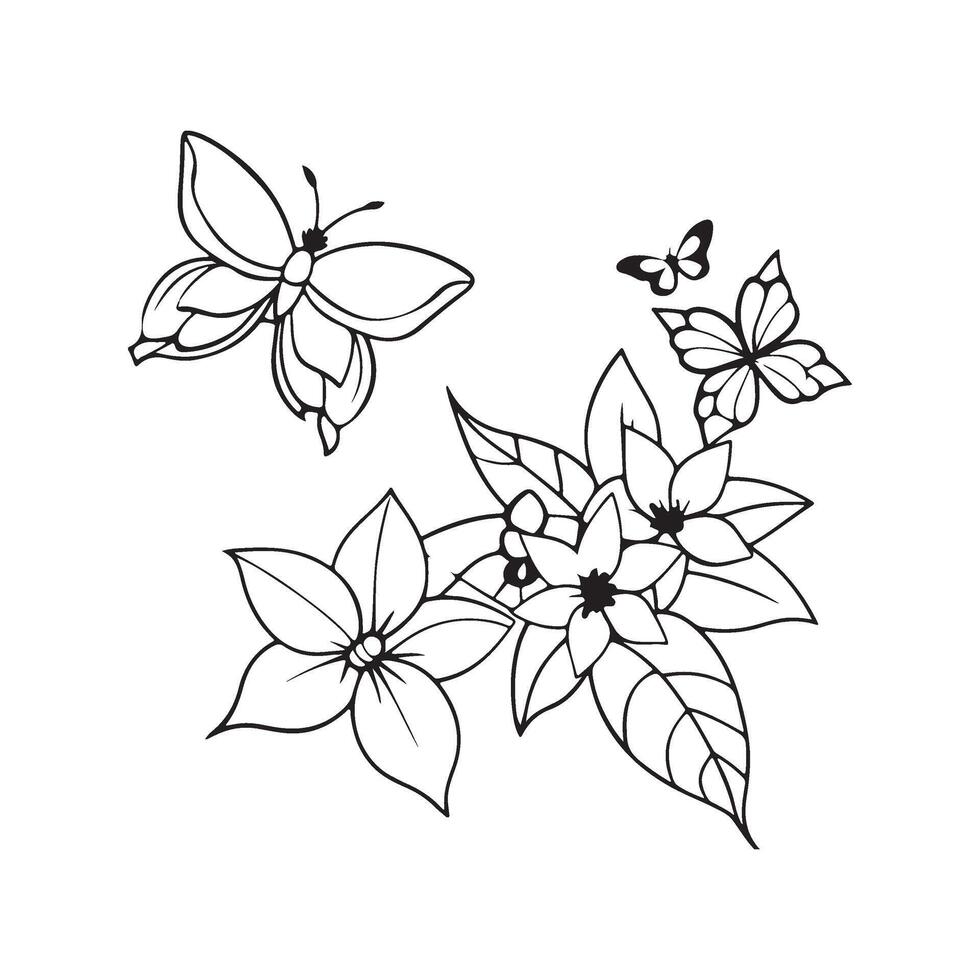 A black and white drawing of butterflies and flowers vector