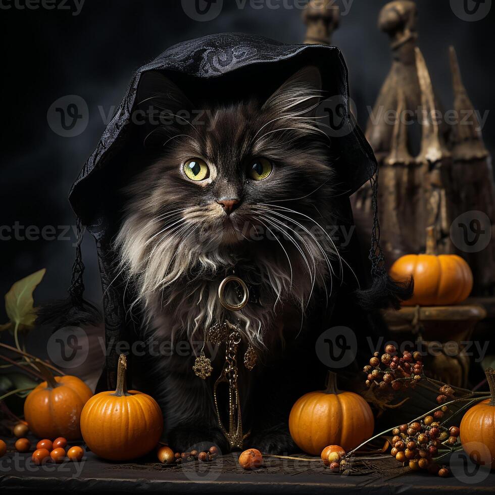 A cat in a black cloak with pumpkins and other halloween decorations photo