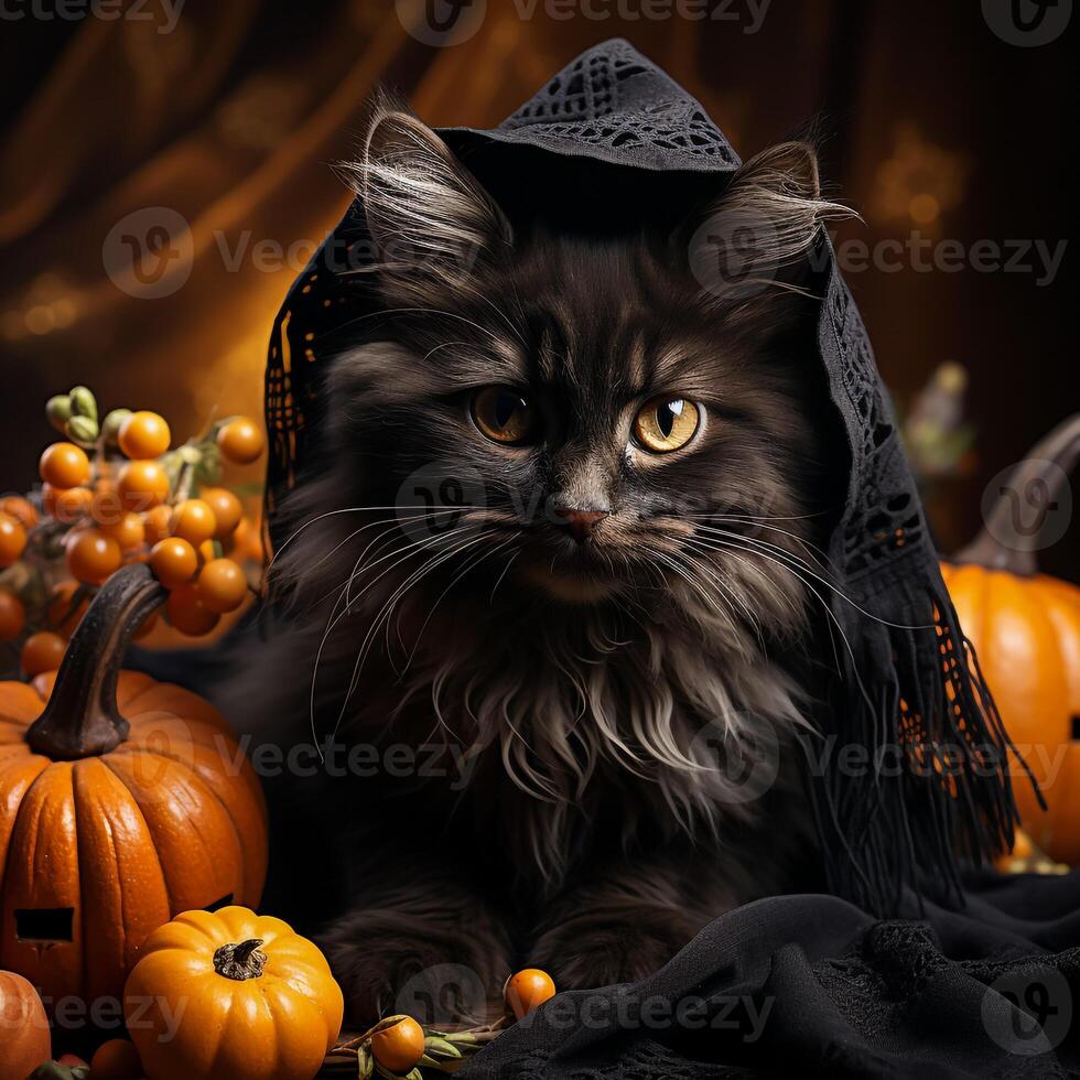 A cat sitting in front of a pumpkin photo