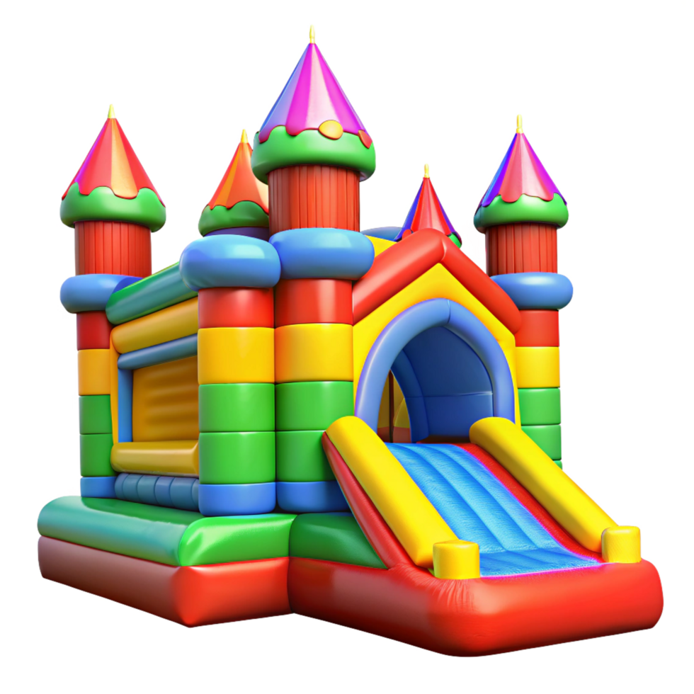 Colorful Inflatable Bounce House with Attached Slide png