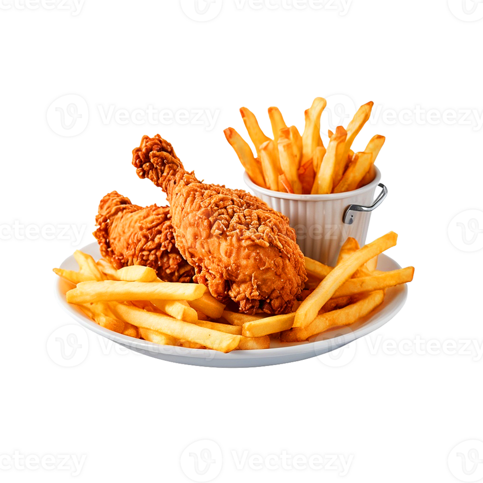 A plate with fried chicken and french fries png