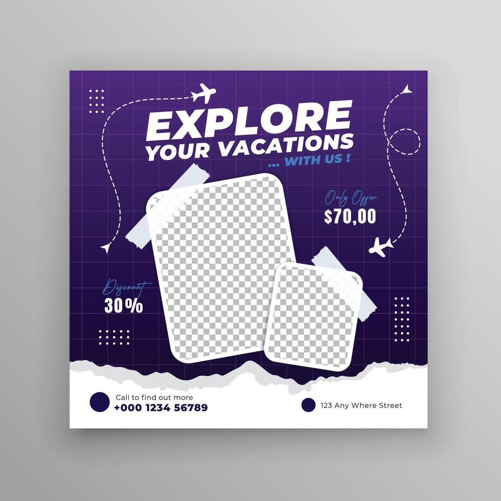 Travel social media banner post template design. Summer beach holiday online promotion poster. Holiday and tour advertising social media design. vector