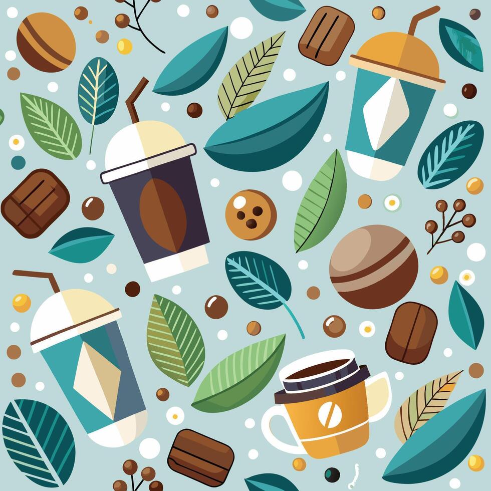 Coffee and tea seamless pattern with coffee and tea cups and leaves vector