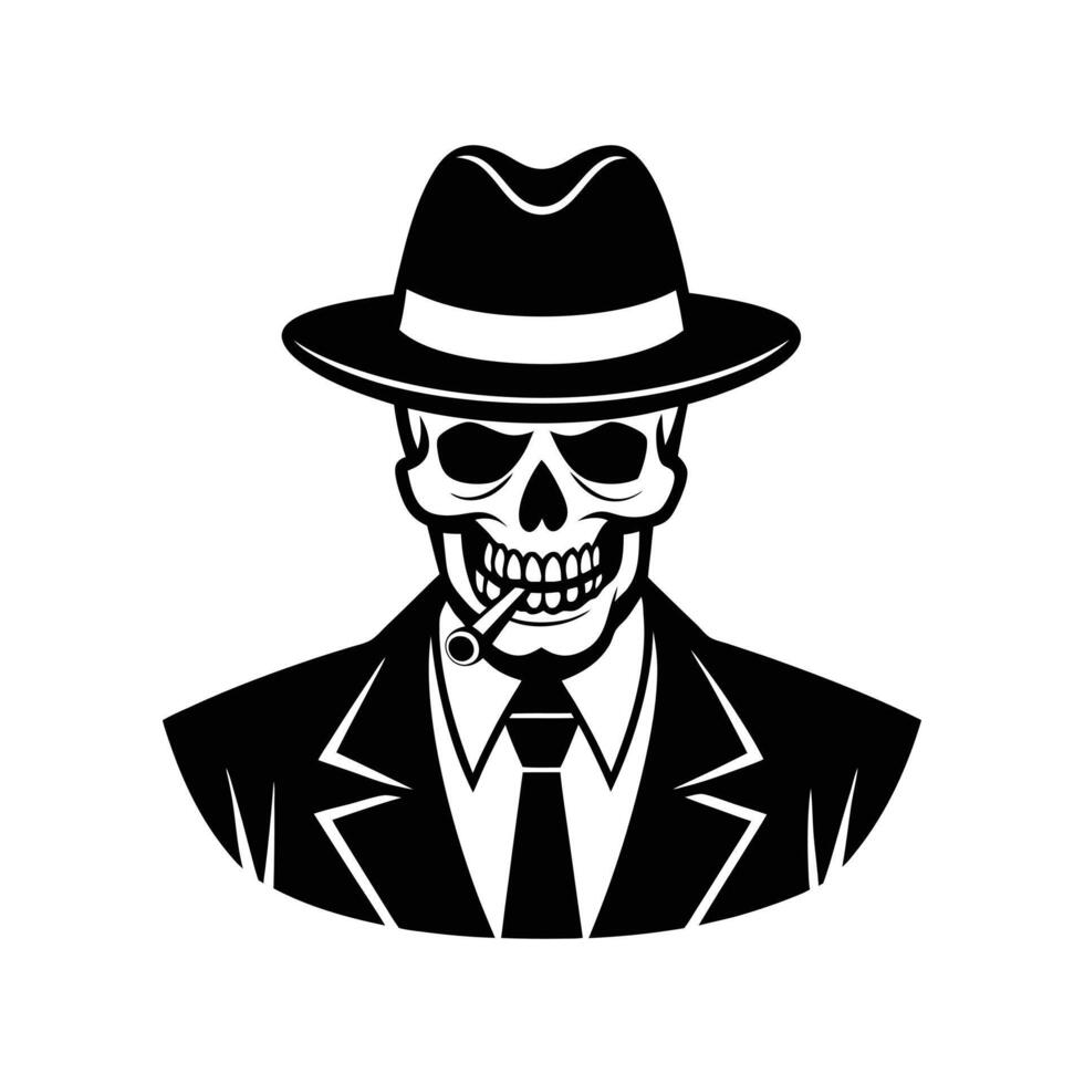 A skull wearing a hat and tie with a cigarette vector