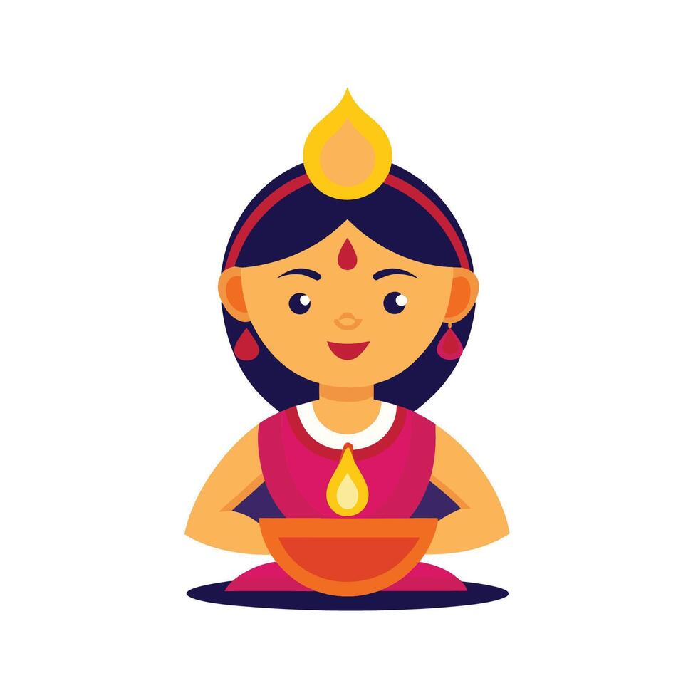 Indian girl holding a lamp and wearing a traditional dress vector
