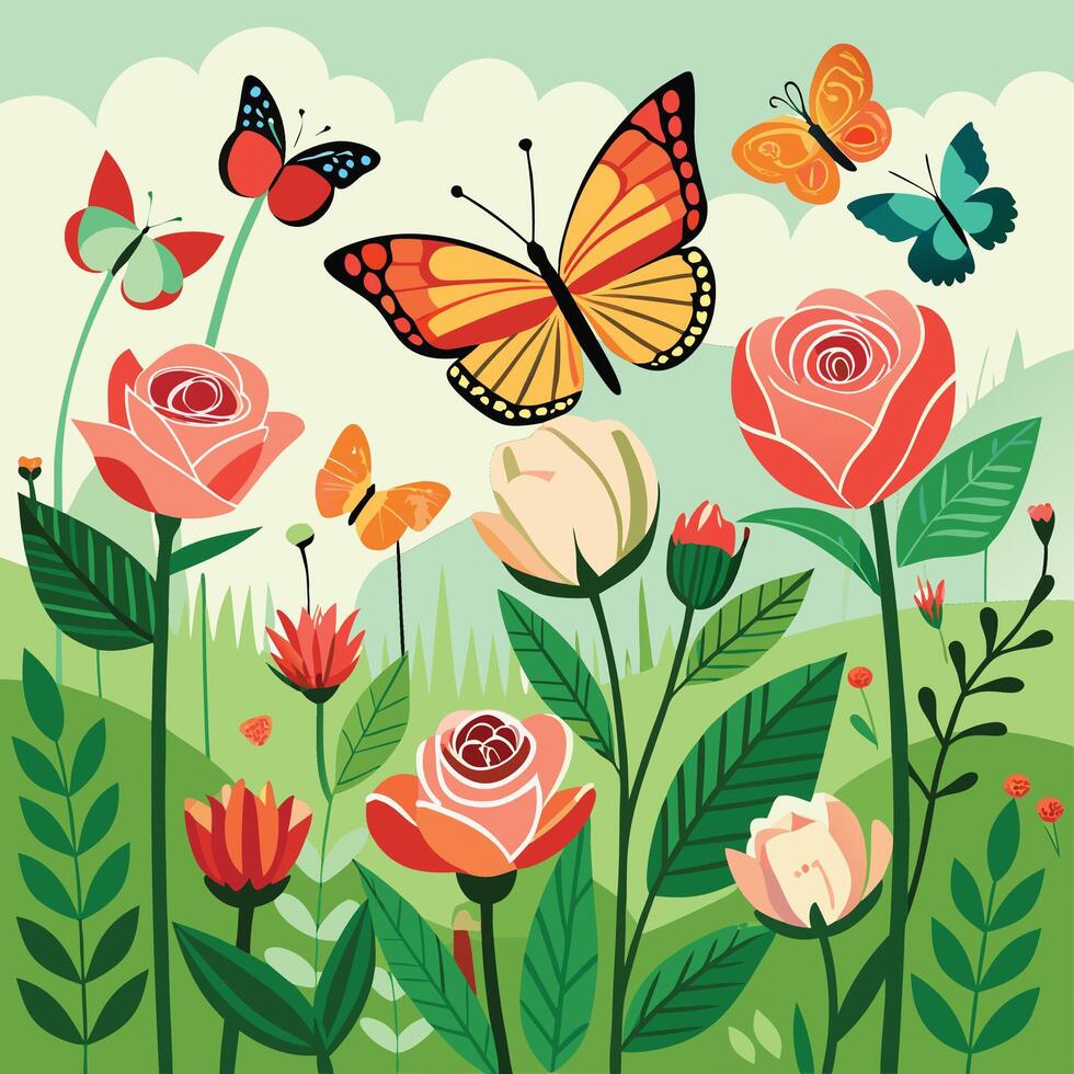 Butterflies and flowers in a field with a sky background vector