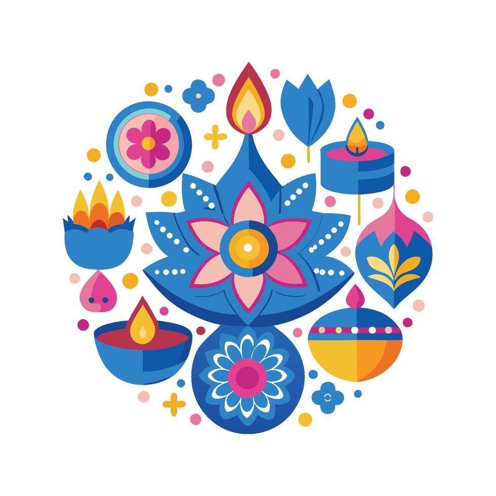 Colorful diwali diya lamp and flowers illustration vector
