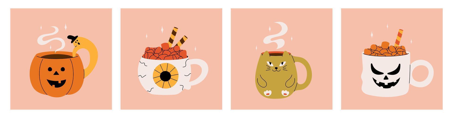 Cute mugs for Halloween in the form of pumpkin, cat, bat. Autumn holiday monster mugs for design of cards, greetings, invitations. stock illustration on a pink background. vector