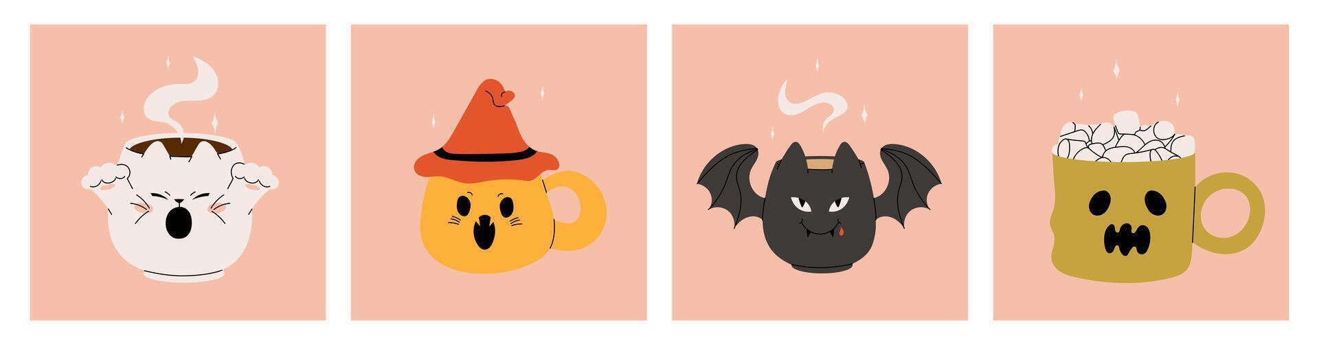 collection of cute Halloween mugs. Hot cocoa with marshmallow, coffee and tea cups with cute faces. Flat cartoon illustration on pink background. Mugs in the shape of a pumpkin, cat, bat vector