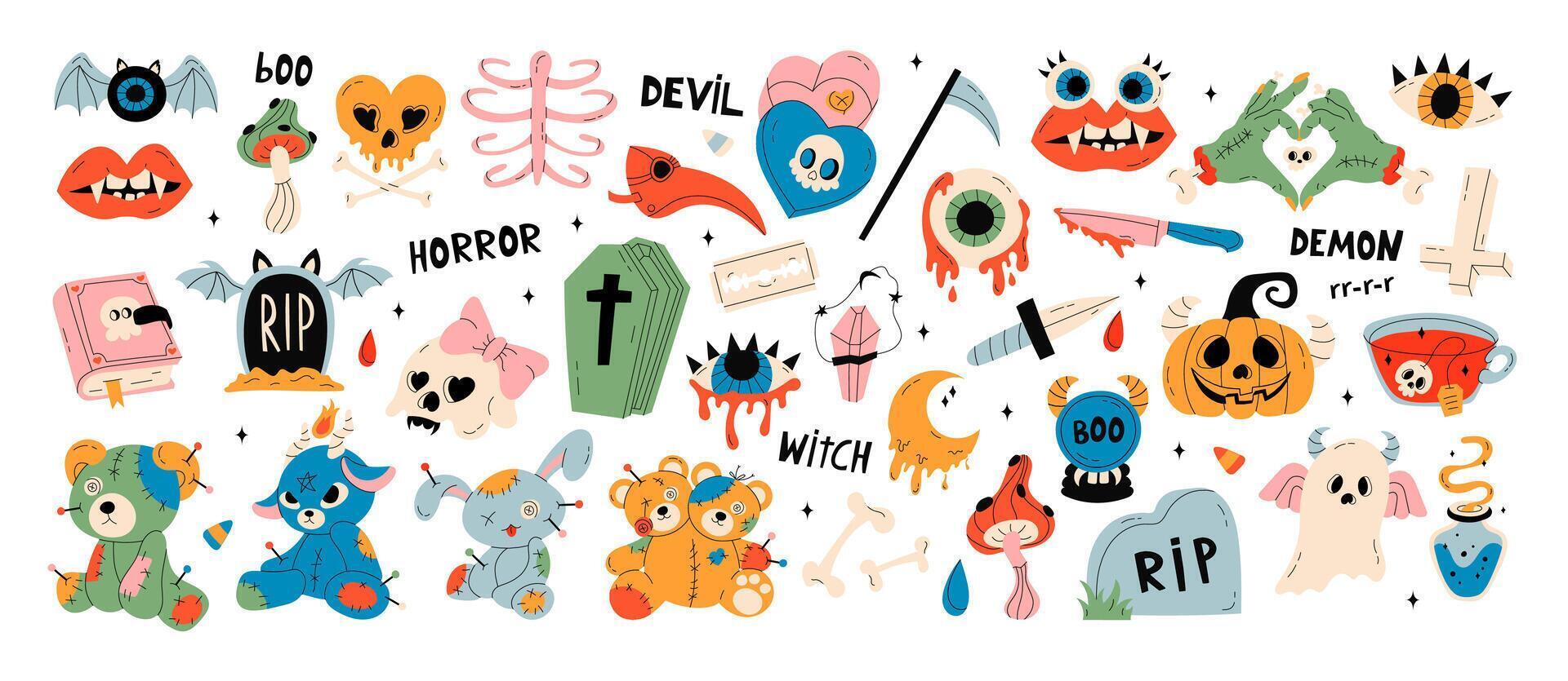Halloween element set. Perfect for scrapbooking, greeting card, party invitation, poster, stickers. Hand drawn illustration. A set of scary items for celebrating Halloween. graphics. vector
