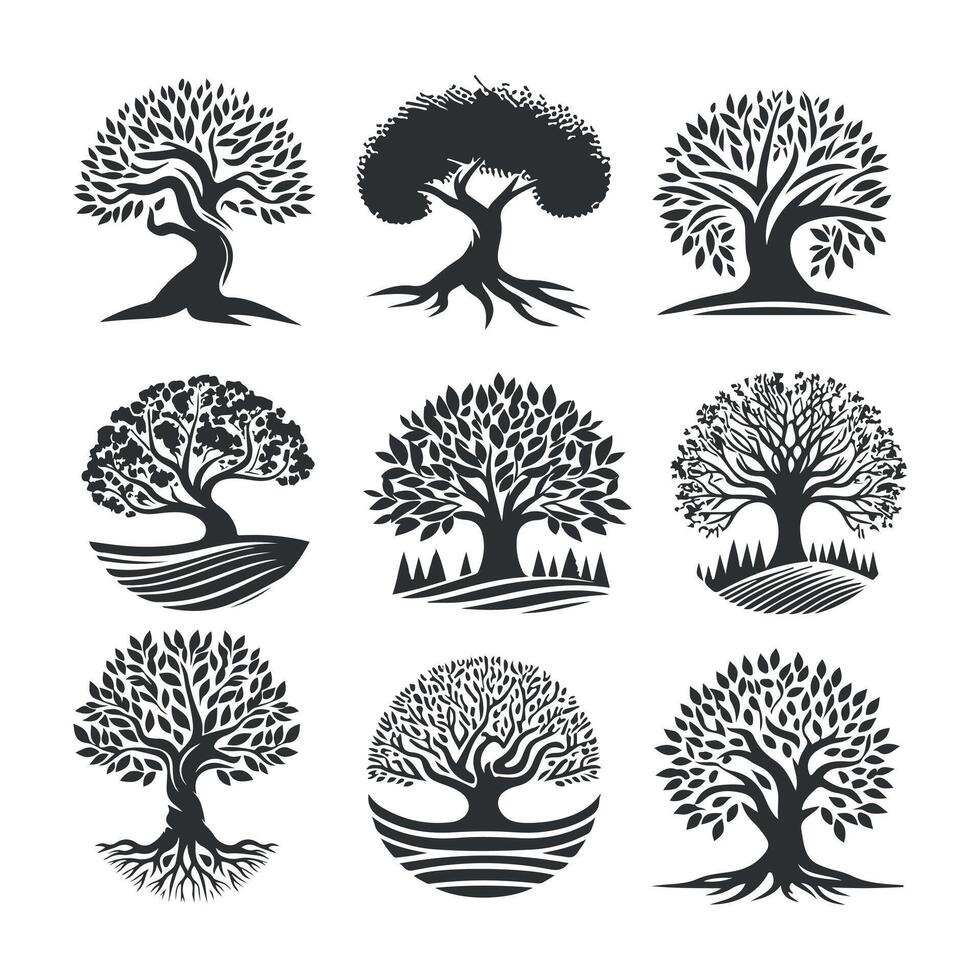 Minimalist tree silhouette set isolated on white background vector