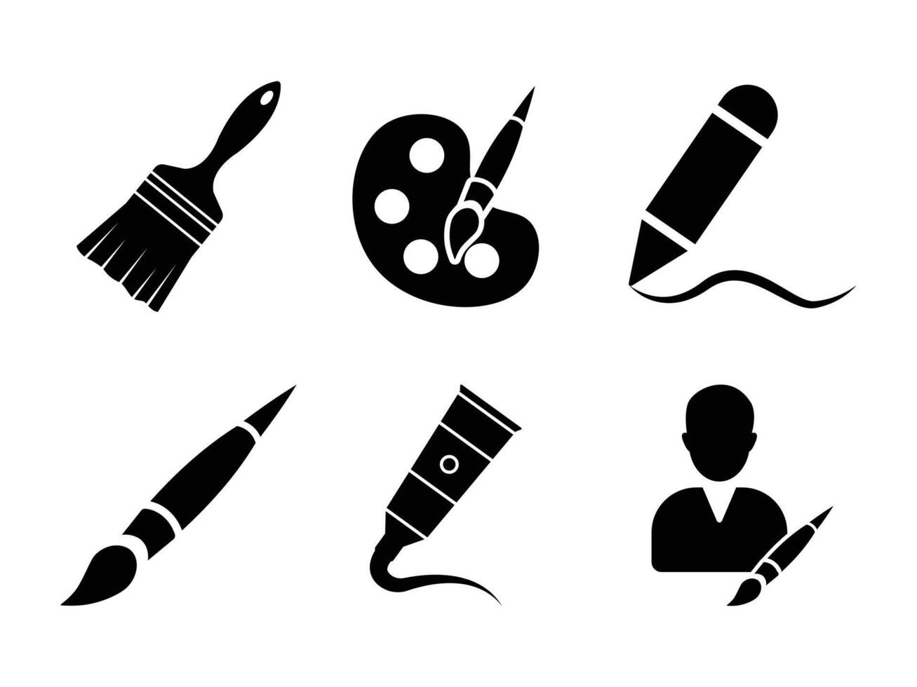 set of art, drawing, paint brush, artist, painting tube icon, infographic template, flat black silhouette design. drawing and painting tool icons for web. vector