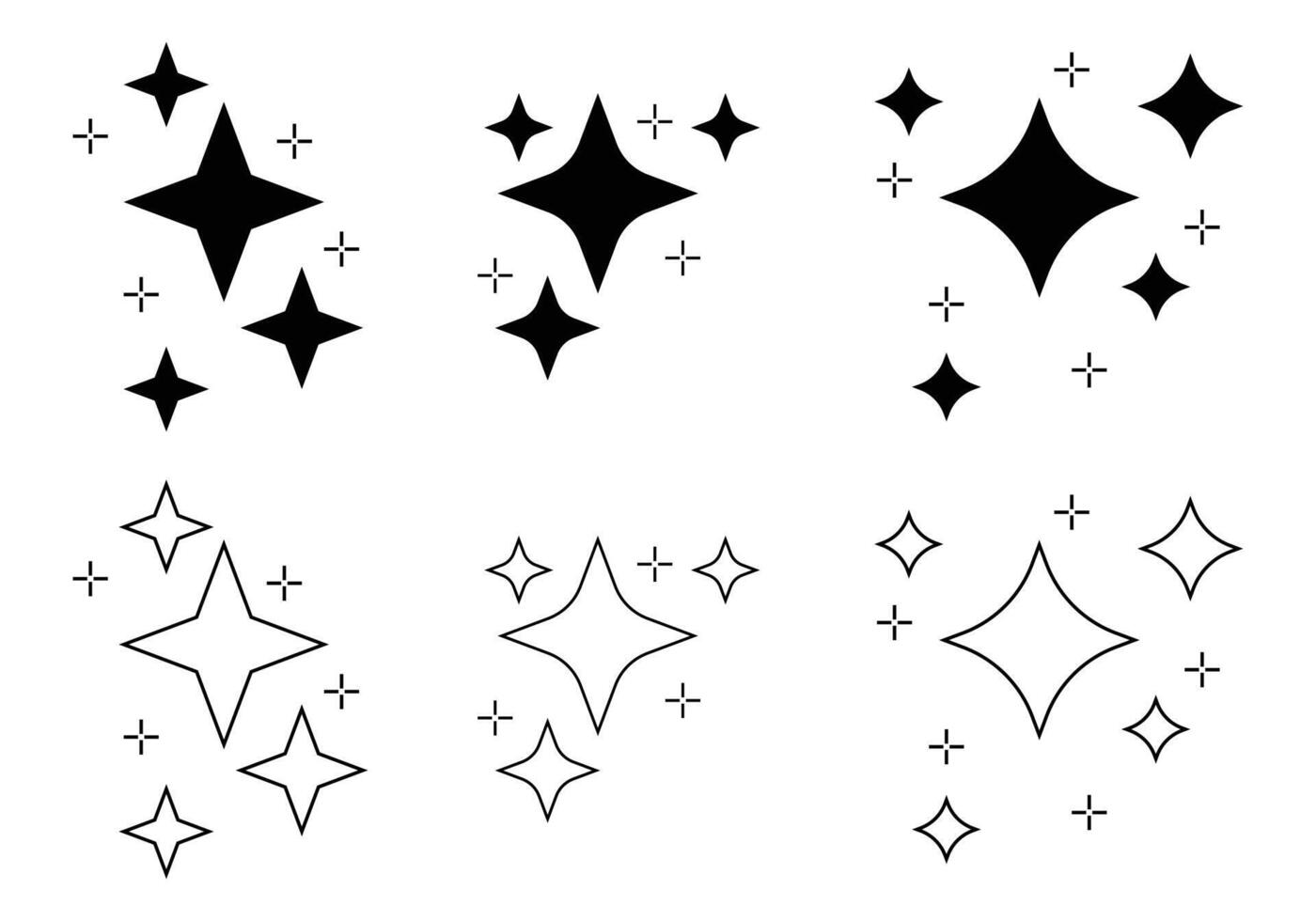sparkling star icons collection in feel or outline. Sparkle star icon set. Different star shapes. Black stars icon set. star Glittering light shocked. vector