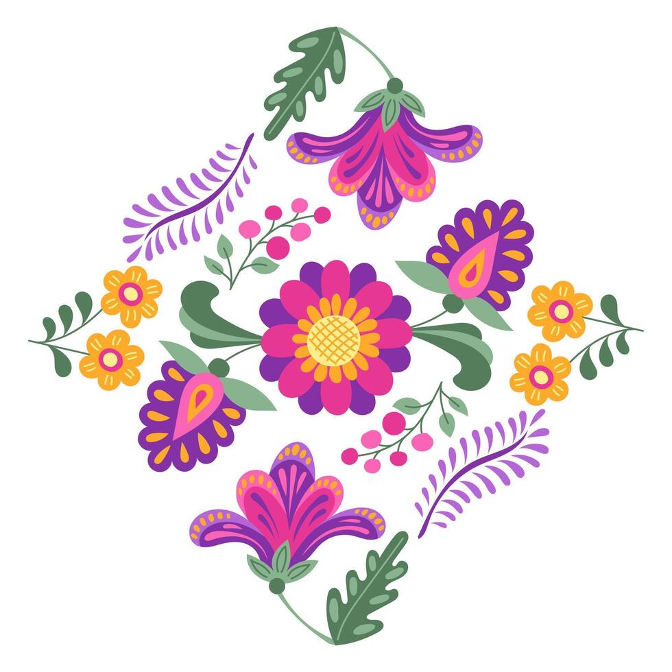 Traditional Mexican Folk mirrored composition with fantasy flowers and leaves in bright color. Dia de los Muertos holiday illustration isolated on white background in square shape vector