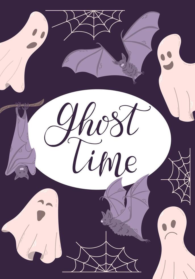 Halloween vertical banner with hand drawn ghosts and bats and calligraphy text Ghost Time. Bizarre design for Halloween on dark background. Template for background, banner, card, poster vector