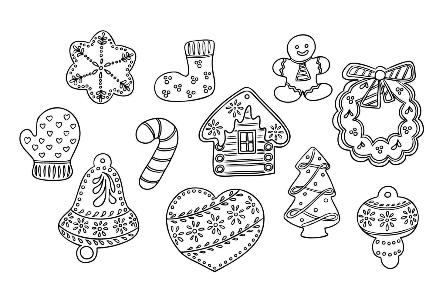 Doodle hand drawn Christmas gingerbreads set. Different kind of holiday cookies isolated on white background. Holiday hand drawn design for Christmas for coloring pages, stickers vector