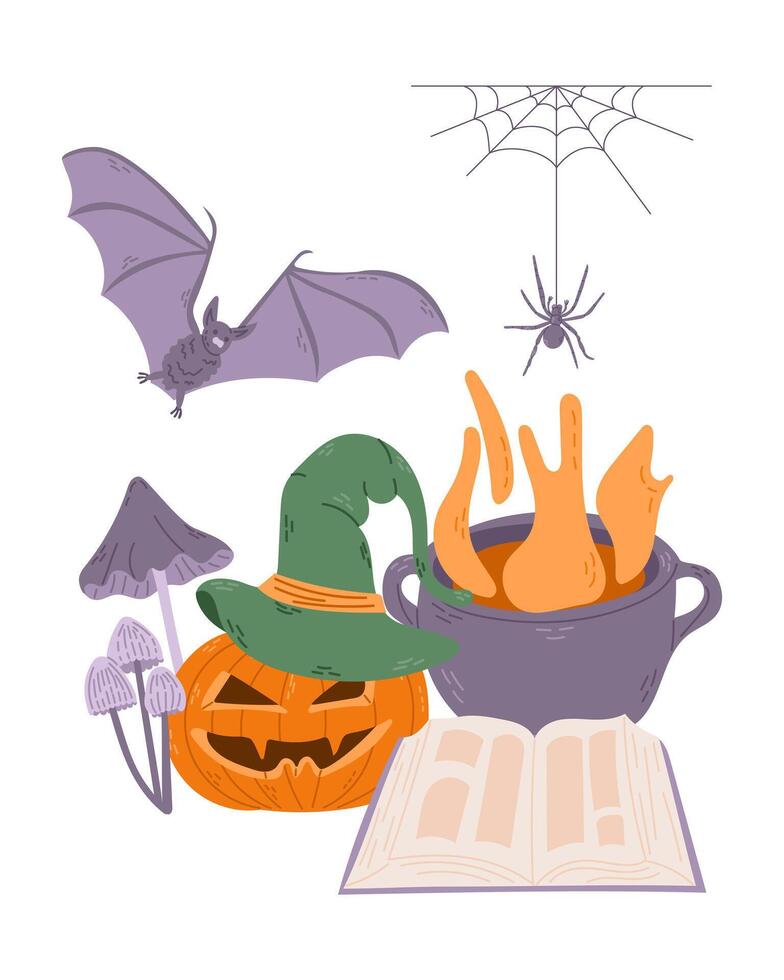 Halloween flat illustration with hand drawn spooky elements. Bat, scary pumpkin, witch hat, cauldron, book with spider web. Spooky design for Halloween isolated on white background vector