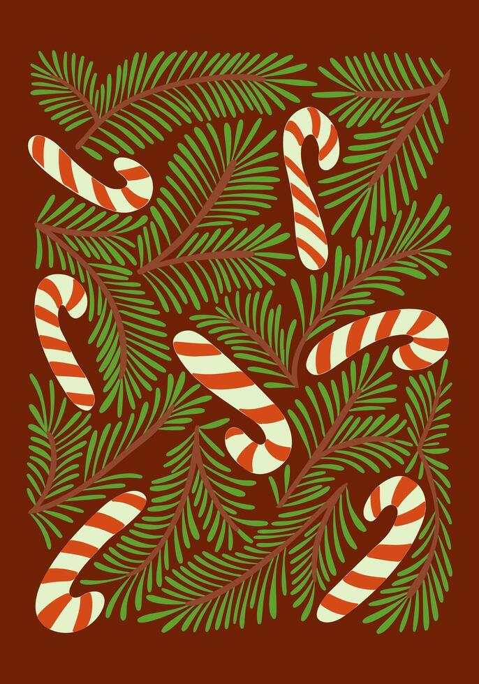 Mid century botanical Christmas poster or art print with pine tree branches and candy cane. Hippie 60s, 70s style. Illustration on dark background in nostalgic style. Winter holiday mood vector