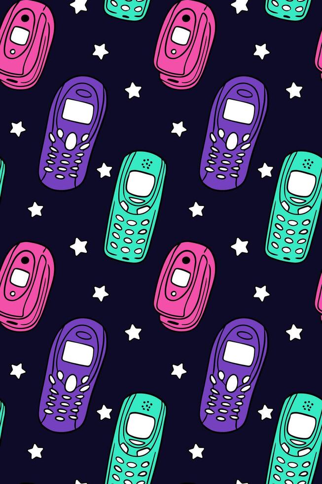 Vintage seamless pattern with neon colored phones from 2000s vector